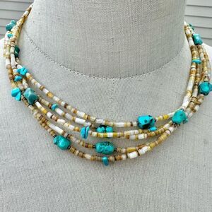 Peyote Bird 5 Strand Turquoise yellow beaded Bead Necklace sterling clasp